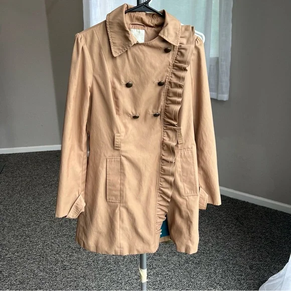 Anthropologie Elevenses Beige Ruffle Trench Coat - Picture 2 of 12